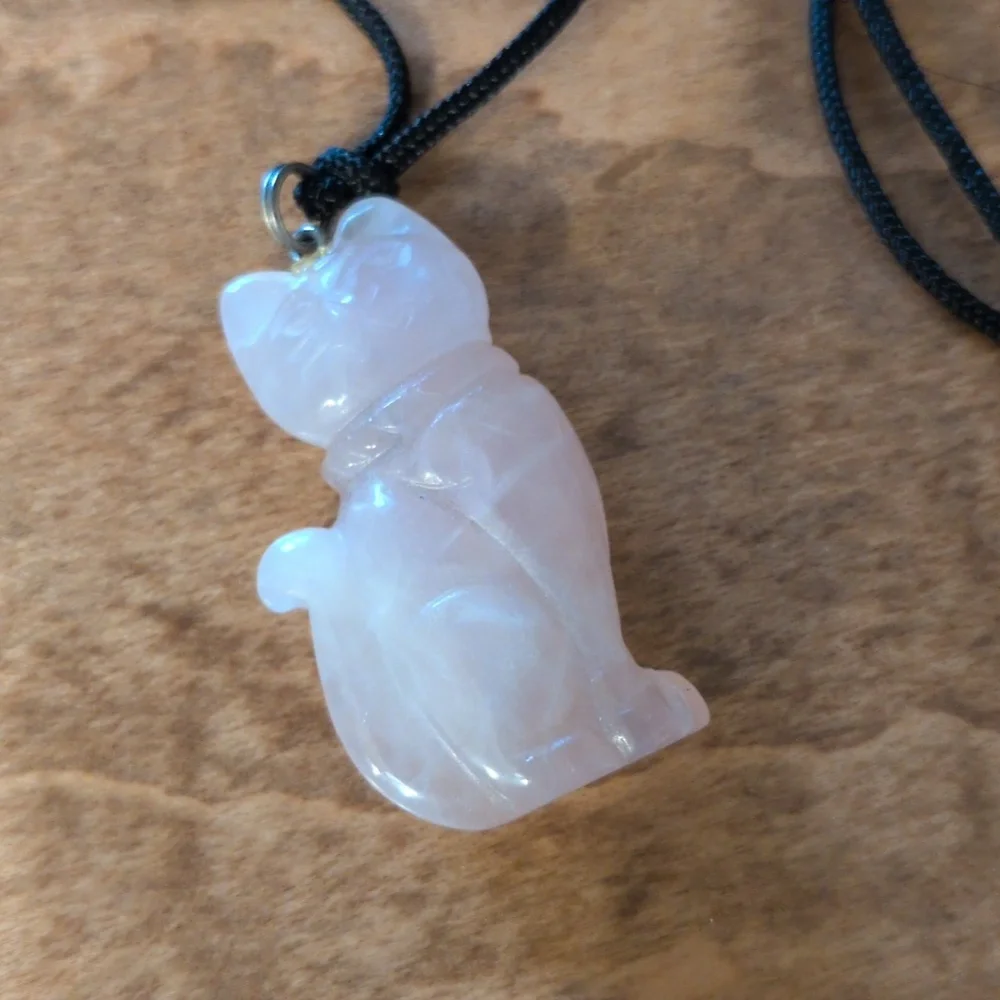 Rose Quartz Carved Cat Pendant Necklace with Black Cord - Picture 2 of 3